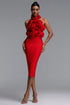 Rocelle Elegant Tailored Halter Floral Bodycon Bandge Midi Dress