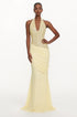 Theodora Chic Contour V Neck Halter Ruched Sequin Yellow Maxi Dress