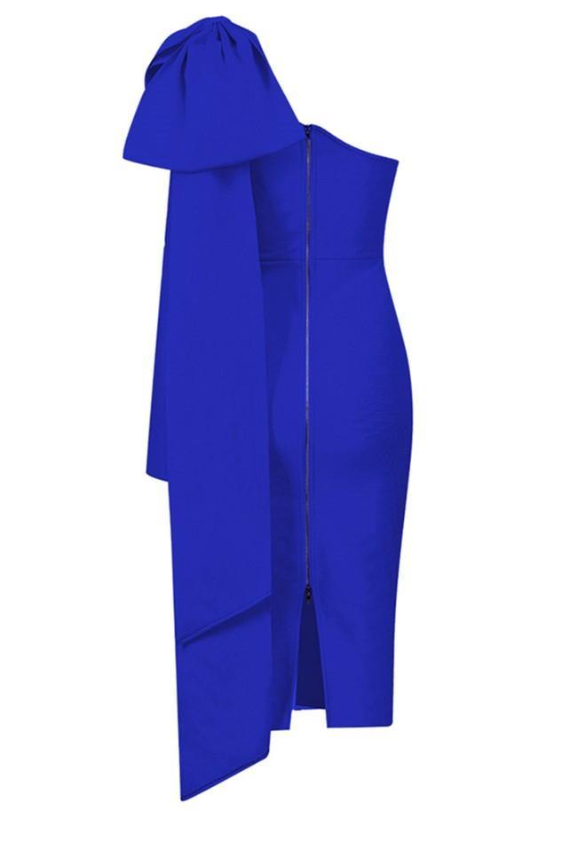 blue one shoulder bandage dress SLIT PLEATED ONE-SHOULDER BANDAGE DRESS-Blue