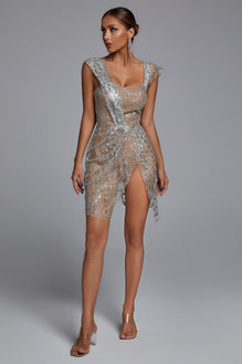 silver glitter mesh dress Sequin Embellished Glitter Mesh Dress w/ Feather Accented Waistline